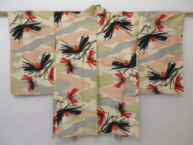 1702T05z390 Vintage Japanese Kimono Silk MEISEN HAORI Pine Off-white