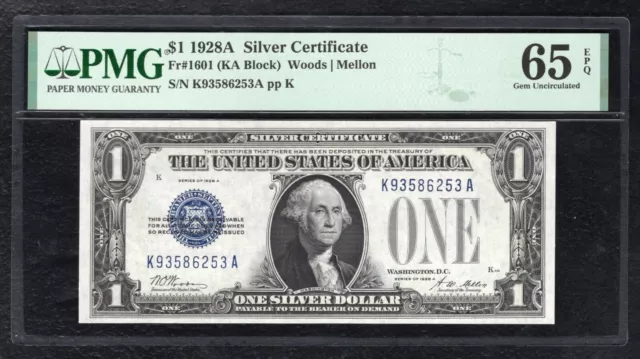 Fr. 1601 1928-A $1 “Funnyback” Silver Certificate “K-A Block” Pmg Gem Unc-65Epq