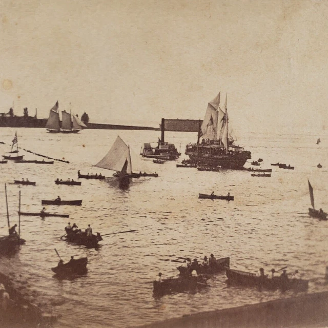 Sailboats Ships New York Harbor Stereoview c1890 Steamer Boat Antique Photo B904