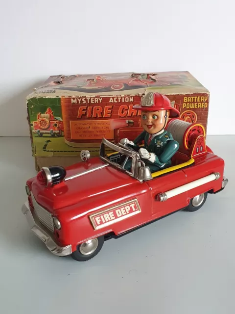 TN Nomura Japan Mystery Action Car FIRE CHIEF Feuerwehr Blechspielzeug 50er OVP