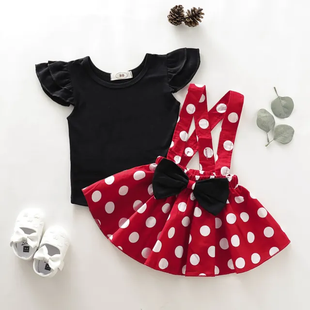 2PCS Toddler baby Girls outfits T shirt tops+ Bow Dot Braces skirt Clothes set