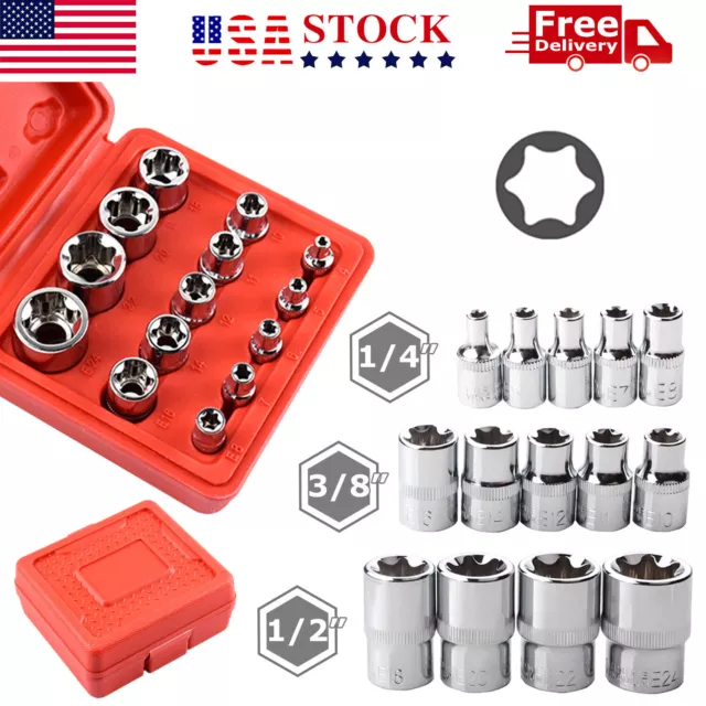 14 PCS E Torx Star Female Bit Socket Set 1/2" 3/8" 1/4" Drive E4 - E24 with Case