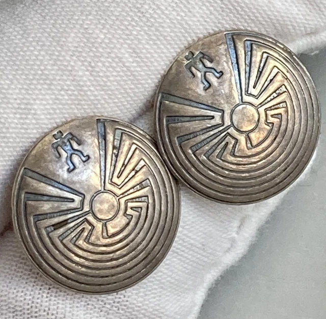 Vintage Navajo Native American 925 Sterling Silver Man In Maze Earrings STAMPED