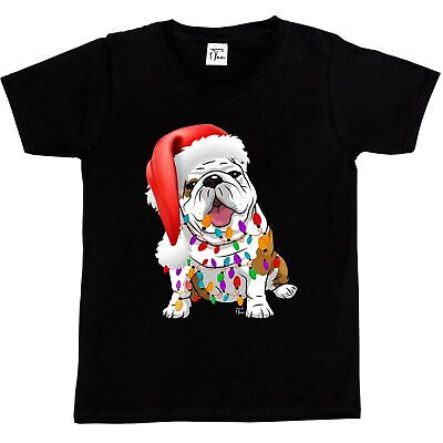 1Tee Kids Boys Bull Dog Wearing Christmas Lights and Hat T-Shirt