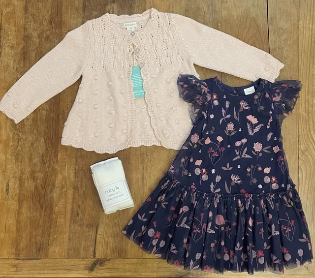Baby Girl 12-18 Months Bundle Set NEXT Floral Dress Monsoon Cardigan Ty Tights