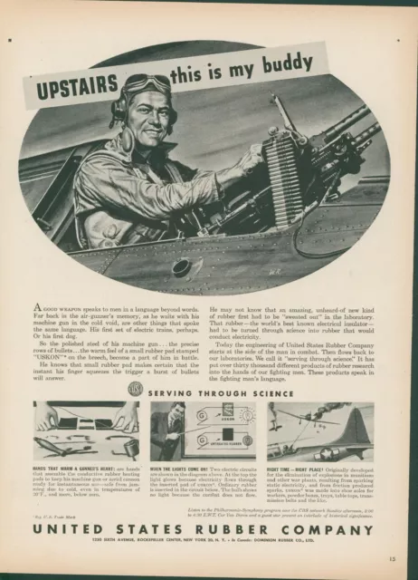 1944 US Rubber Co WWII Airplane Machine Gun USKON Gunner Vintage Print Ad L19