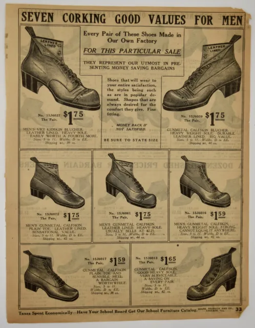 1913 Sears Roebuck Catalog Ad Mens Shoes Antique Vintage