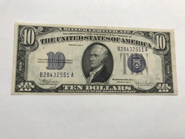  1934 C $10 Ten Dollar Silver Certificate Note Blue Seal almost uncirculated 3