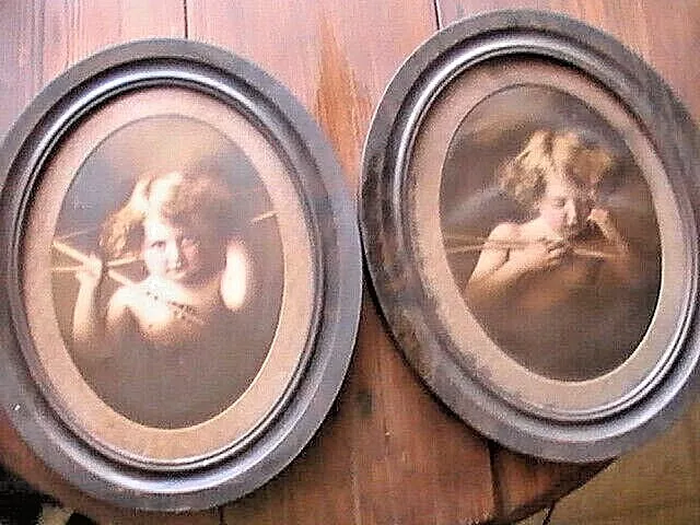 Pair Antique 1897 MB Parkinson Cupid Awake & Asleep Cherubs Angels Oval Frames