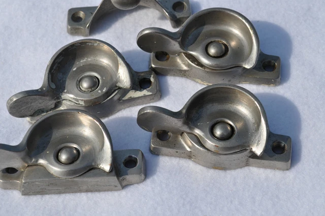 Four (4) Antique Nickel Plated Solid Brass Sash Locks Latches + One (1) Catch