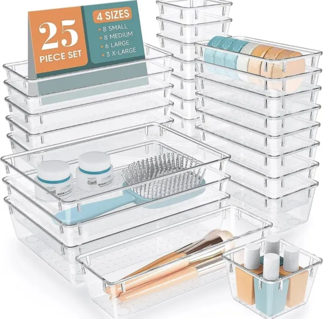 25PCS Clear Drawer Organizer Set, 4 Sizes for Makeup, Jewelry, and Office