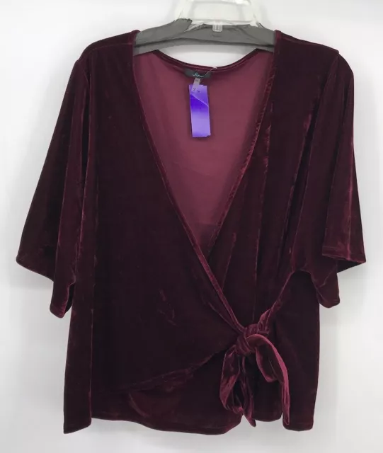 SOPRANO Womens Burgundy Velvet Short Sleeve V Neck Wrap Top 2X