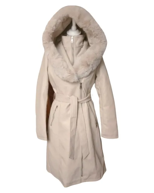 Manteau long écru taille L imitation cuir avec capuche en fourrure