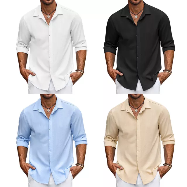 Camicia Da Uomo In Cotone E Lino A Maniche Lunghe Tinta Unita Con Bottoni+