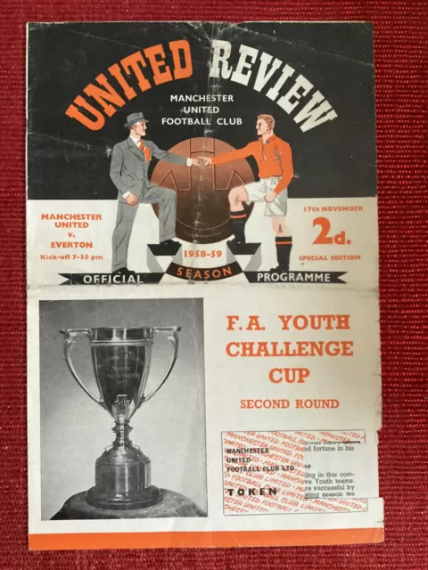 Manchester United v Everton FA Youth Cup 2nd Round Programme 17/11/1958