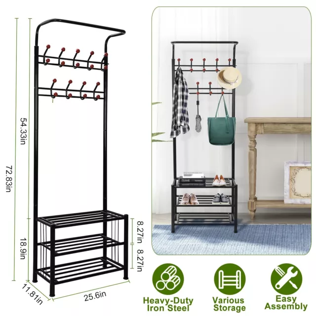 Heavy Duty Coat Hat Rack Shoe Bench Hall Tree Adjustable Entryway Storage Shelf