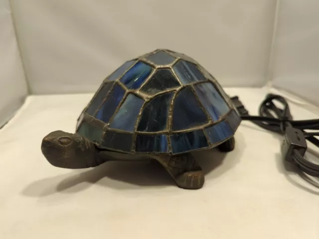 Vintage Tiffany Style Turtle Stained Glass Cast Iron Lamp Tested BLUE