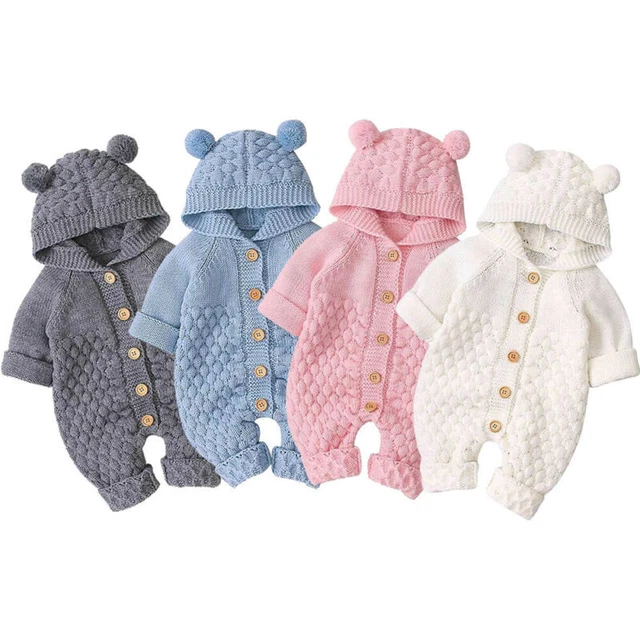 Cute Baby Boys Girls Ear Knit Romper Hooded Wool Sweater Jumpsuit Warm Outfit