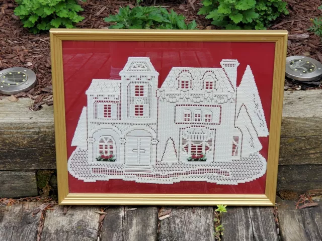 Vintage Antique Framed Victorian House Mansion Leavers Mill Lace Art
