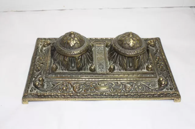 Antique ART NOUVEAU French massive solid brass desk inkstand ,double inkwell