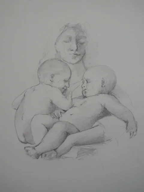 Pencil drawing after William Bouguereau Charity Mother two babies infants twins