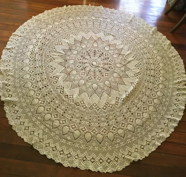 Round TABLECLOTH Beige Ecru Hand Crochet LACE Handmade Cotton Vintage 198cm dia.