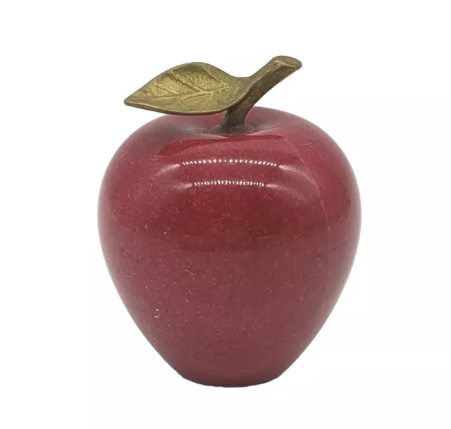 VTG Red Polish Alabaster Apple Paperweight Decor With Brass Leaf