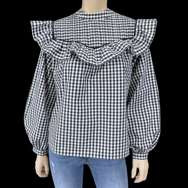 A New Day Womens Black White Gingham Ruffle Long Sleeve Blouse Top Size XS EUC