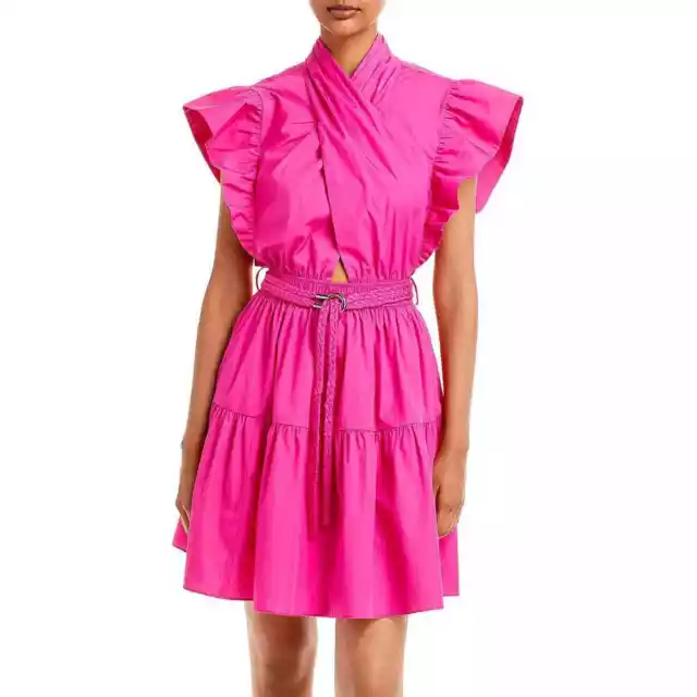 Derek Lam 10 Crosby 42/6 US Tiered Mini Shift Dress Pink Mock Neck Belted Ruffle