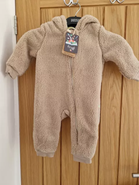 BNWT Frugi Fleece Teddy Bear Pramsuit Toasty Ted Snuggle Suit Brown 3-6 Months