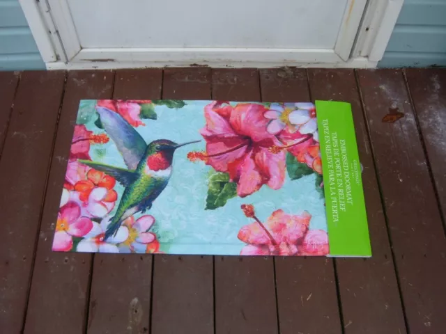 Green Hummingbird With Pink Hibiscus Embossed Doormat Deluxe 18" X 30"  New