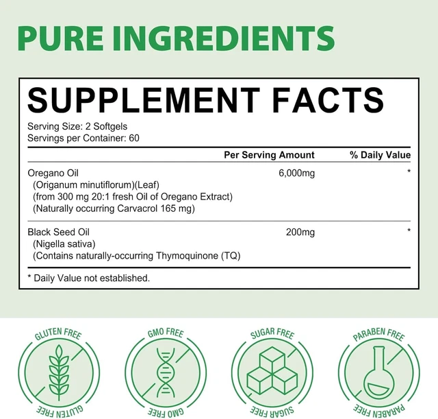 Oregano Oil Capsules, 2 In 1 6000mg Oil Of Oregano With Black Seed Oil 200mg Oil Of Oregano Softgels 120 Count Organic Oregano Oil Capsules Immune Support Non Gmo Dairy Free Gluten Free