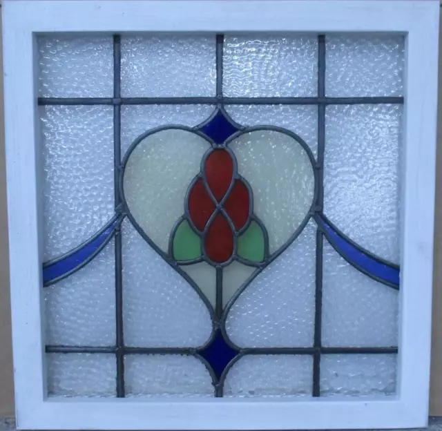 OLD ENGLISH LEADED STAINED GLASS WINDOW Floral Heart 21.25" x 21.5"
