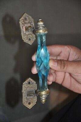 2 Pc Vintage Glass & Brass Blue Handcrafted Victorian Cut Glass Door Handle 2