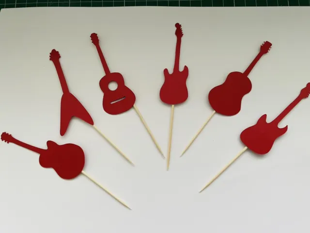 Guitar Cupcake Toppers Music Rock Band Guitar Hero Red Pk 6 8/9 Cm Each