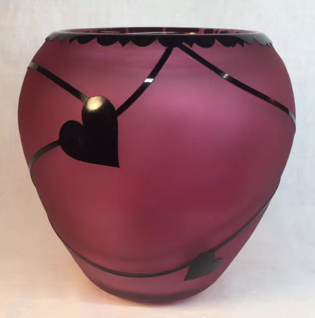 Gibson Art Glass Cranberry / Black Glass Overlay Cameo Sand Carved Hearts Vase