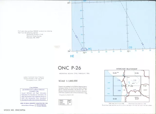 1981 ARGENTINA BOLIVIA CHILE PARAGUAY PERU Operational Navigation Chart ONC P-26 2