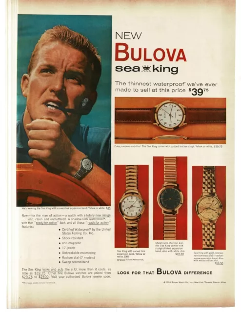 1959 Bulova Sea King Watches Men's Waterproof Vintage Print Ad