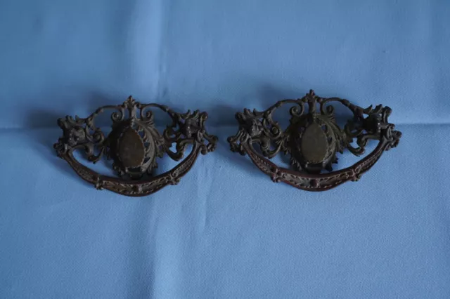 Lot of 2 vintage filigree scroll drawer handles pulls brass ornate Victorian