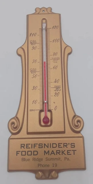 Vintage Metal Ad Thermometer Reifsniders Food Market Blue Ridge Summit PA