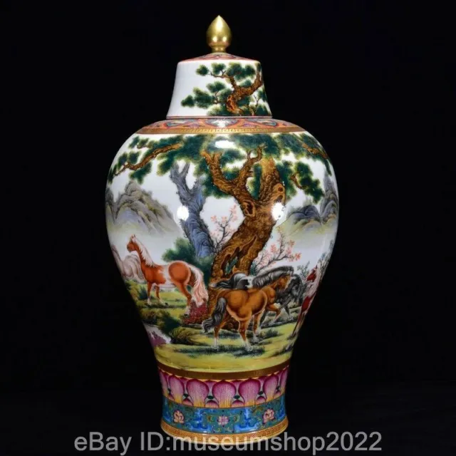 21.2" Old Chinese Yongzheng Marked Colour Enamel Porcelain Gilt 8 Horse Pot Jar