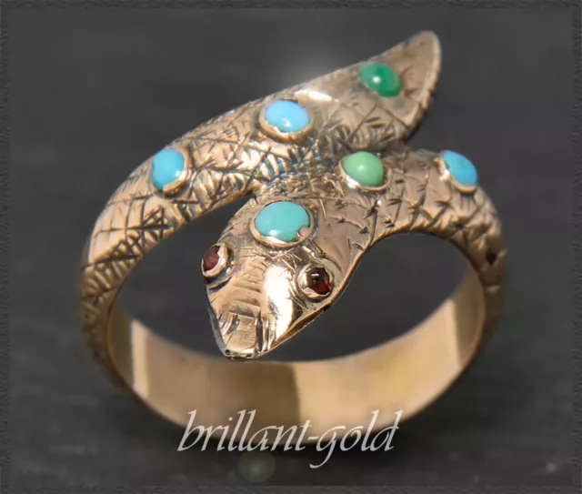 Antiker Schlangen Ring mit Türkisen & Granaten, 333 Rosegold, Handarbeit um 1860