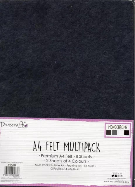 Dovecraft: Premium A4 Felt Multipack: 8 Hojas: Monocromo