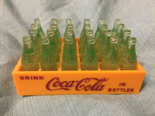 Vintage Coca Cola 25 Miniature Green Coke Bottles in Mini Plastic Yellow Crate