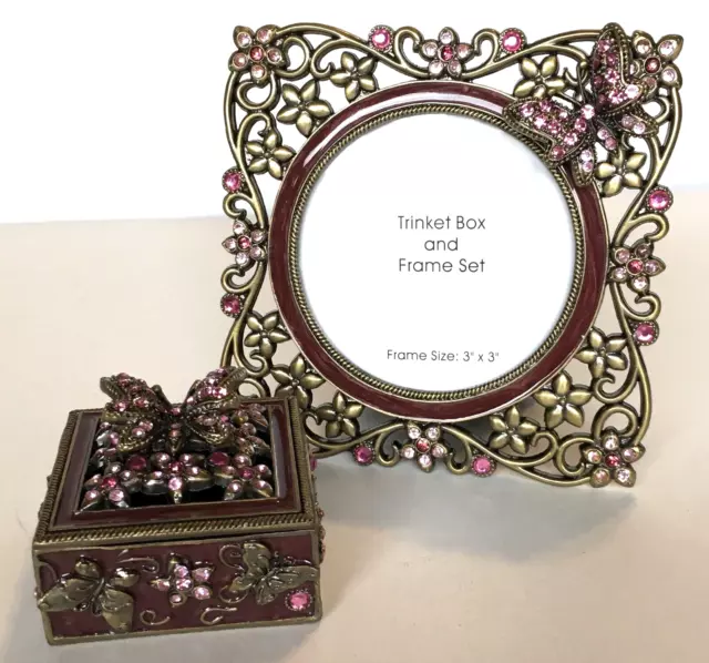 Pink Crystal Butterfly Metal Floral Picture Frame Trinket Box Set JC Penney 3x3"