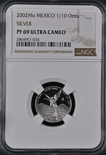 Mexico LIBERTAD 1/10 oz Silver 2002 PROOF -NGC PF69- RARE! Low Mintage:2800