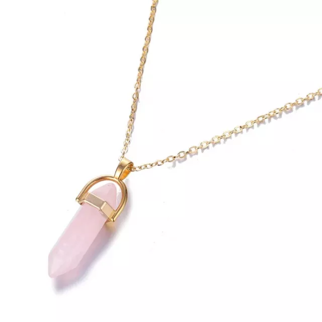 ZARD Natural Rose Quartz Healing Crystal Gem Chakra Wand Pendant Gold Necklace