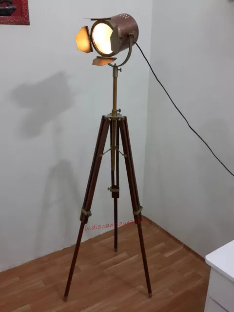 Nautical Light Antique  Brass floor Lamp Wooden Tripod Modern Look Searchlight