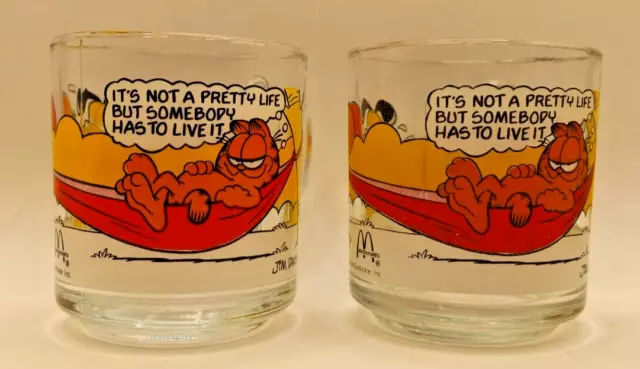2 1978 Mcdonalds Garfield Glass Mug - In Hammock