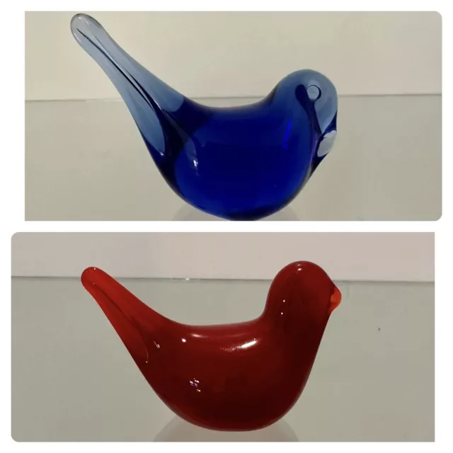 Set Of 2 VTG Cobalt Blue & Red Resting Birds Dove Hand Blown Art Glass Figurines